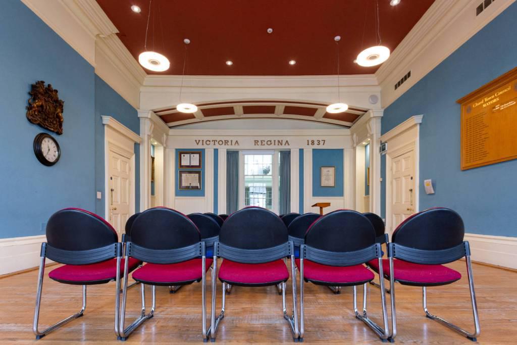 Chard Guildhall with chairs laid out