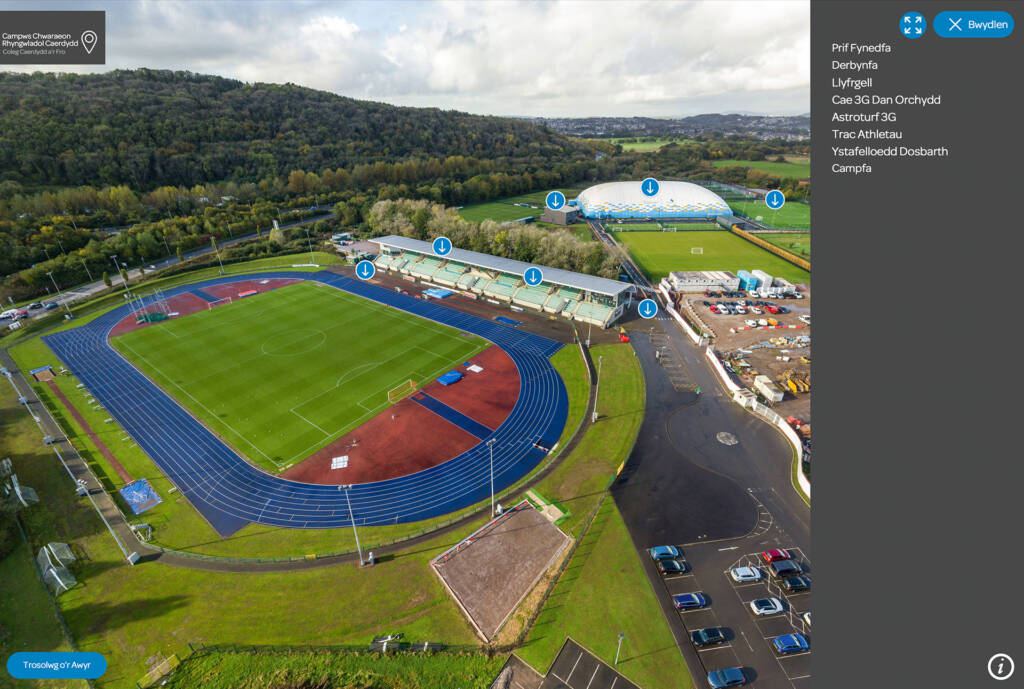 Screenshot of Cardiff and Vale College's Cardiff International Sports Virtual Tour, in Welsh.