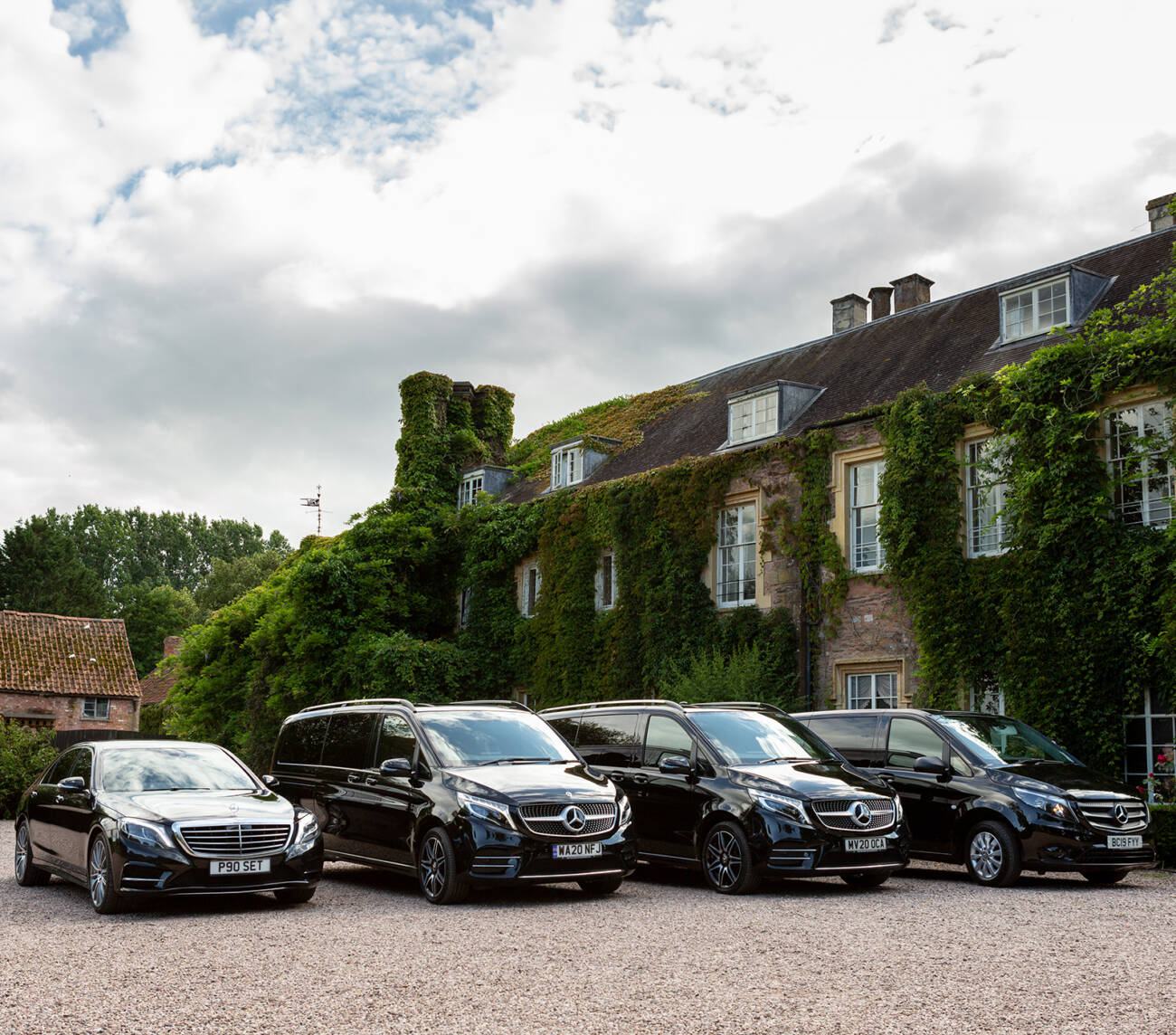 The Somerset Travel Company Mercedes fleet of vehicles at Maunsel House, Taunton
